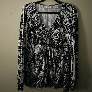 ECI NEW YORK Black White Knit Beaded Tunic Top.